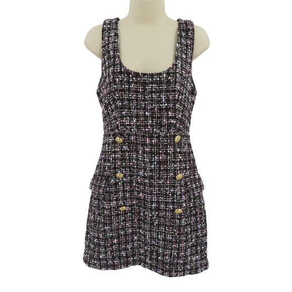 Juniors Small Pink White Black Tweed Sleeveless Dress Scoop Neck Gold Buttons - Picture 1 of 11